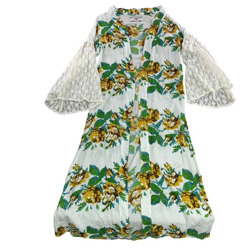 Crazy Train Floral Duster Kimono Women One Size Lace Bell Sleeve White Yellow‎